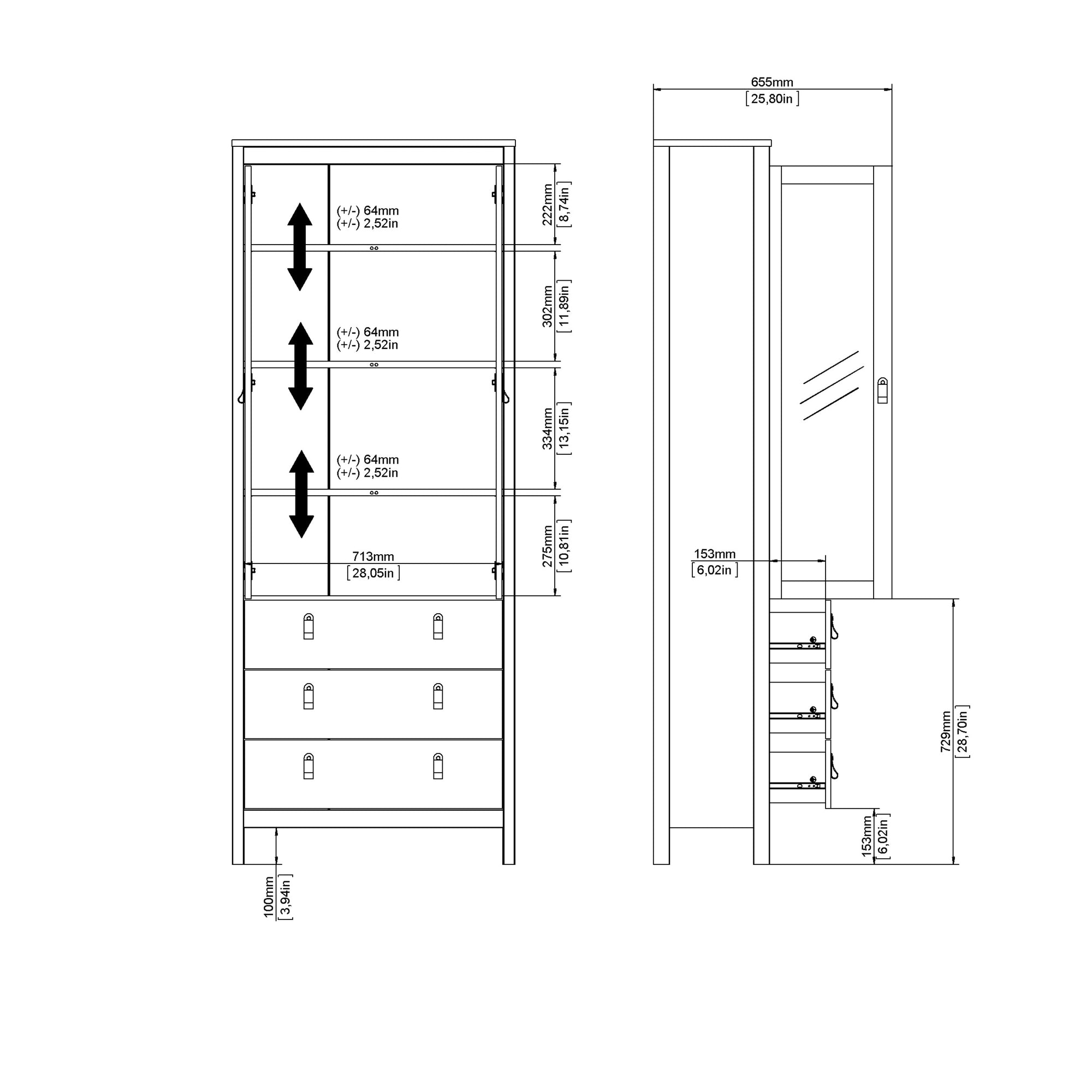 Madrid China Cabinet 2 Glass Doors with 3 Drawers in Matt Black