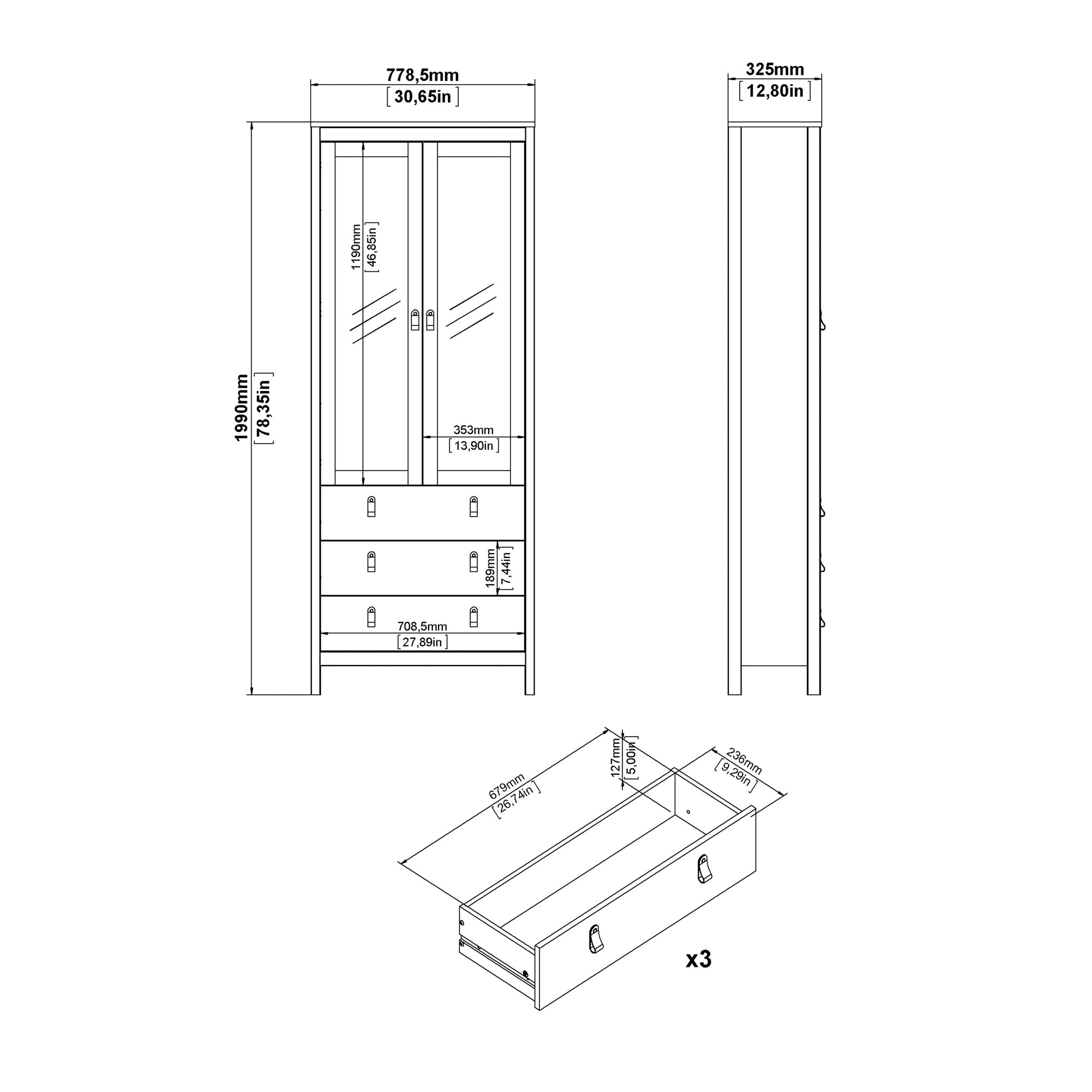 Madrid China Cabinet 2 Glass Doors with 3 Drawers in White