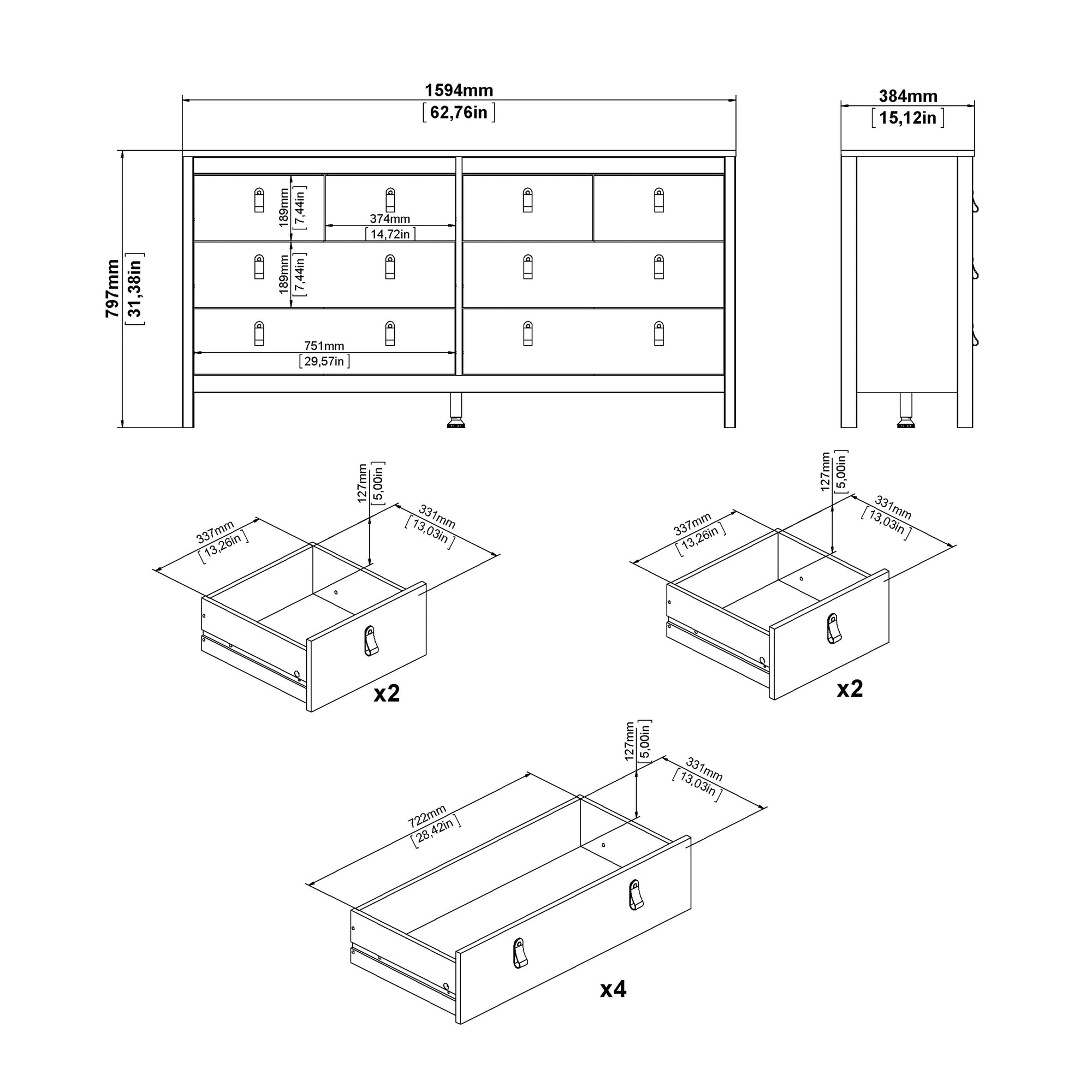 Madrid Double Dresser 4+4 Drawers in Matt Black