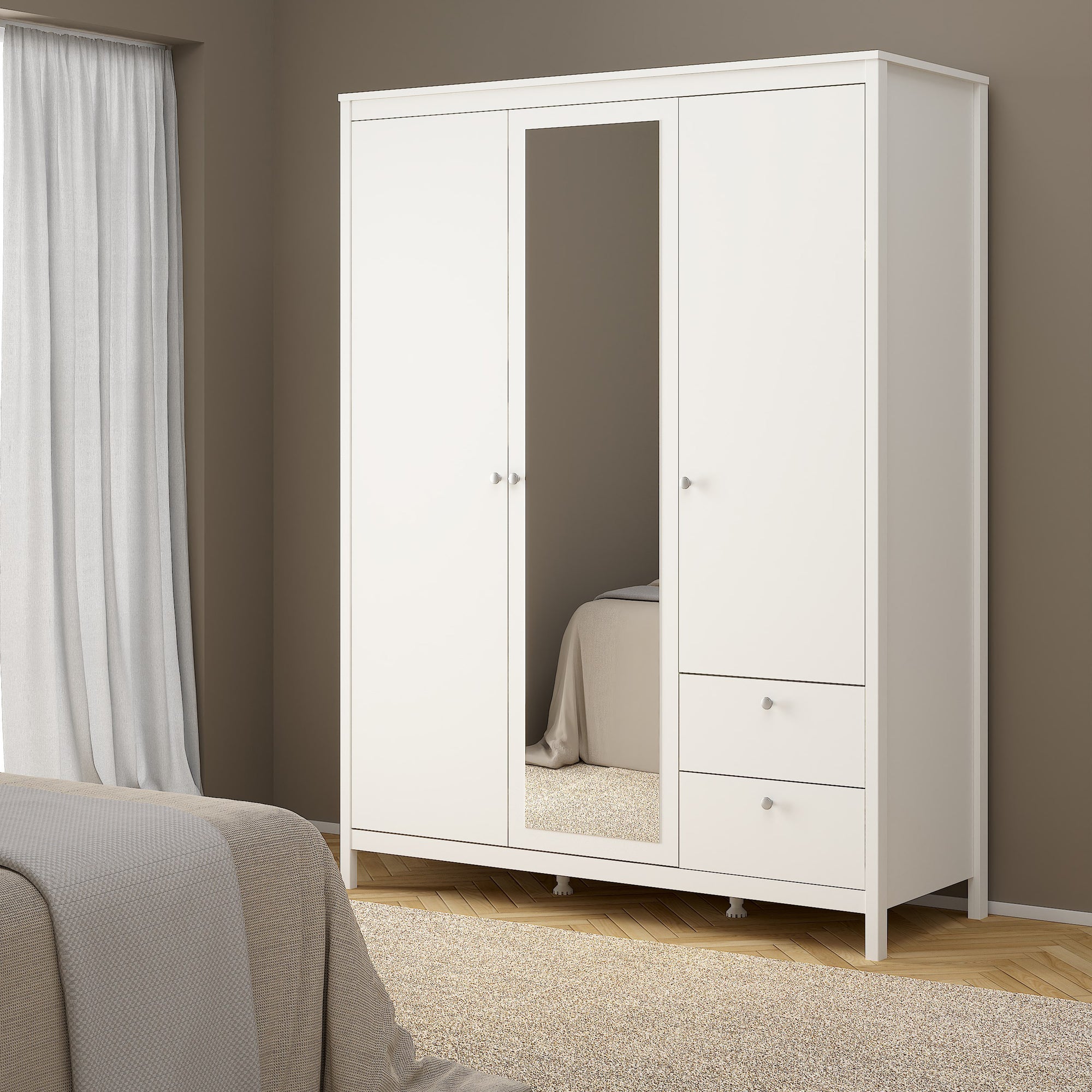 Madrid Wardrobe with 2 Doors 1 Mirror Door 2 Drawers in White