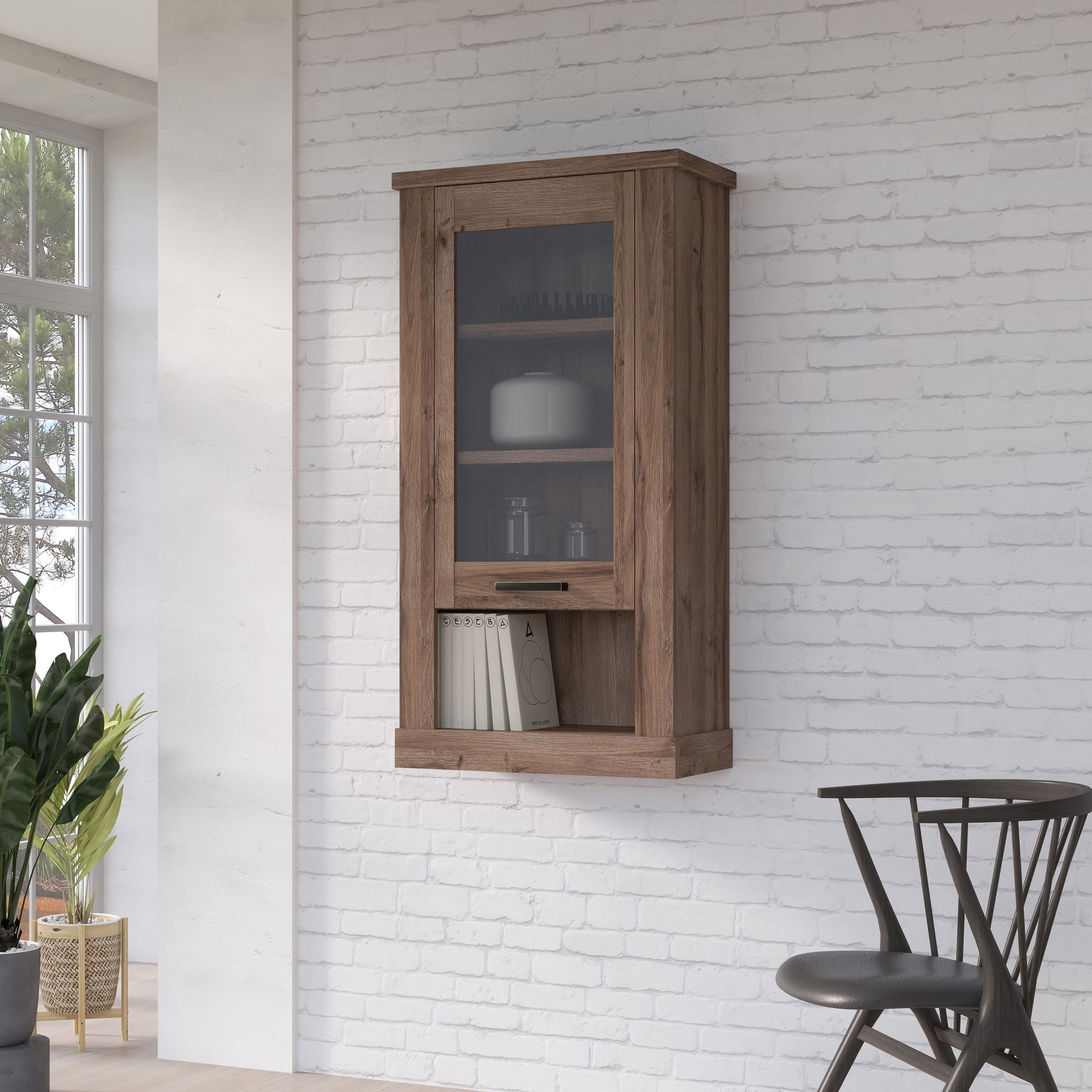 Corona 1 Door Wall Display Cabinet in Tabak Oak