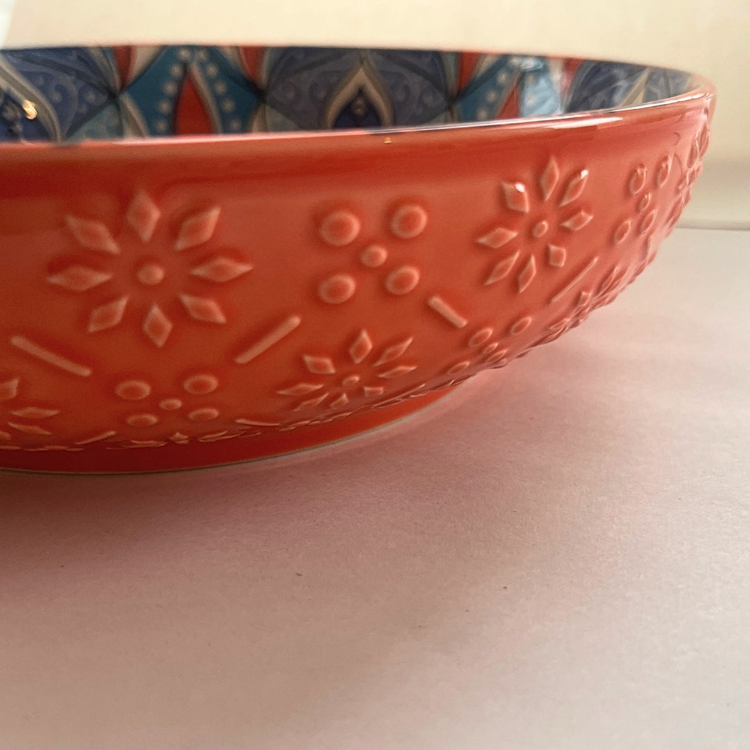 Tuscany Inspired Ceramic Patterened bowl for soup, Pasta or salads, serving etc 22cm Dish Dishwasher / Microwave safe, Orange Base