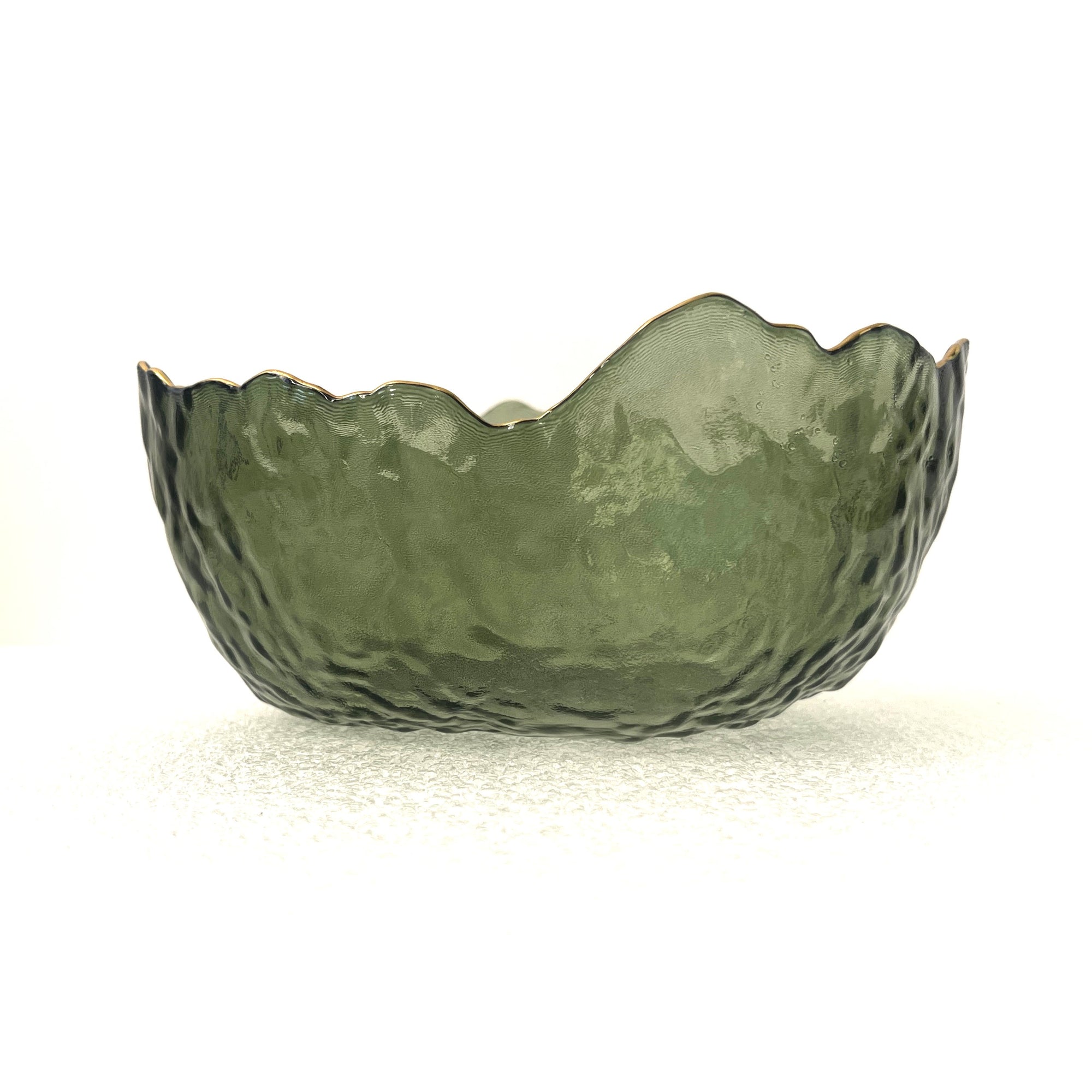 Large Green Glass Wavy Bowl With Gold Rim 20cm