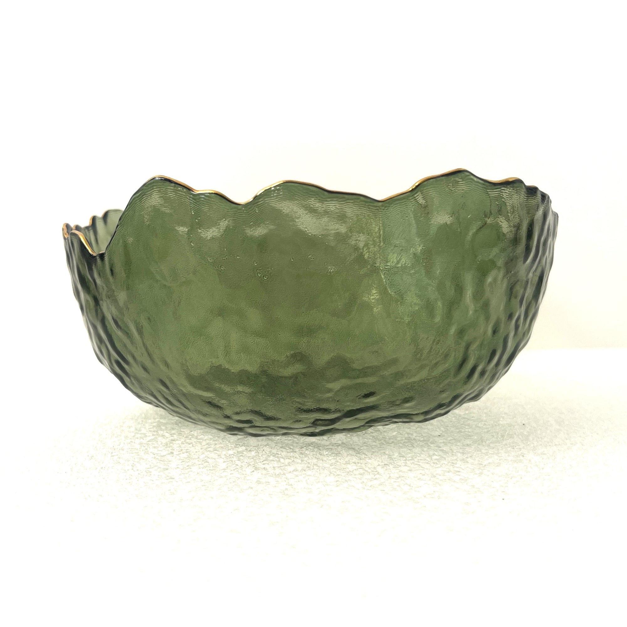 Large Green Glass Wavy Bowl With Gold Rim 20cm