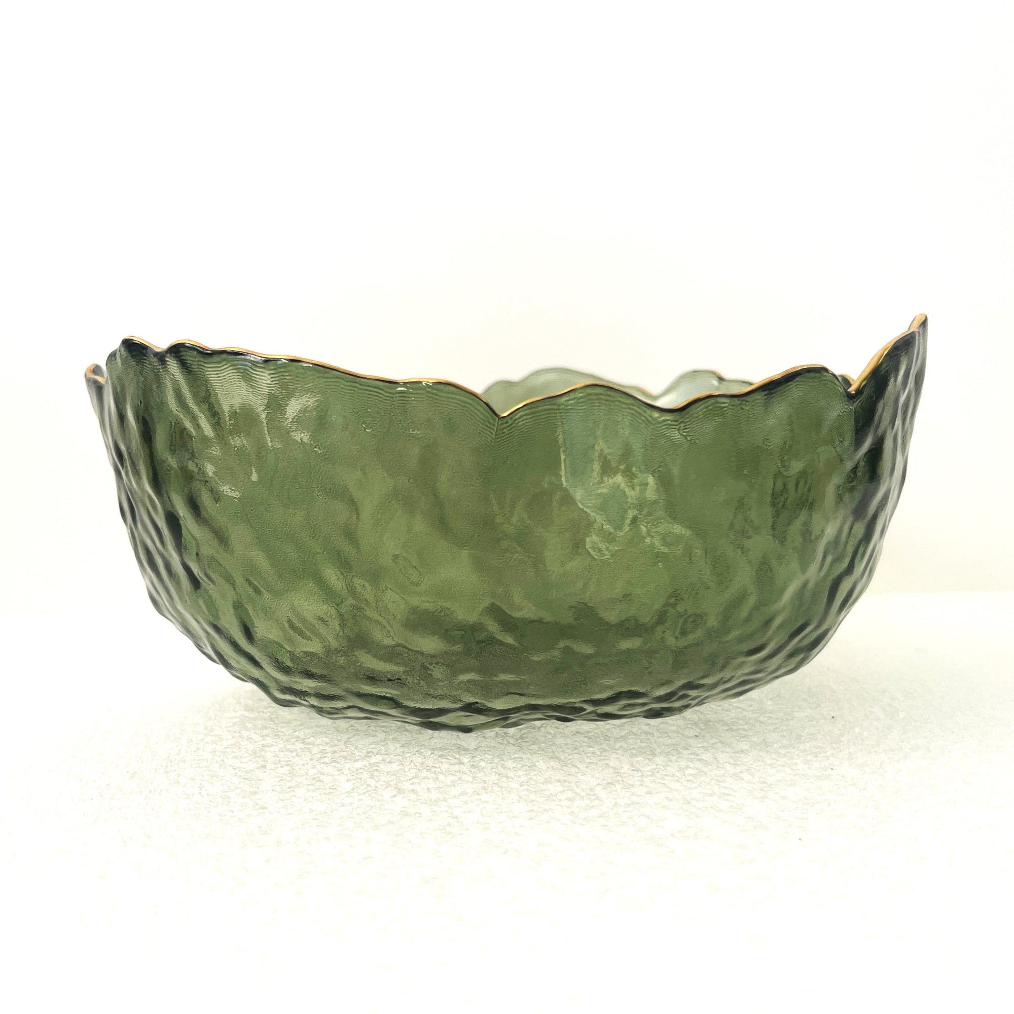 Large Green Glass Wavy Bowl With Gold Rim 20cm