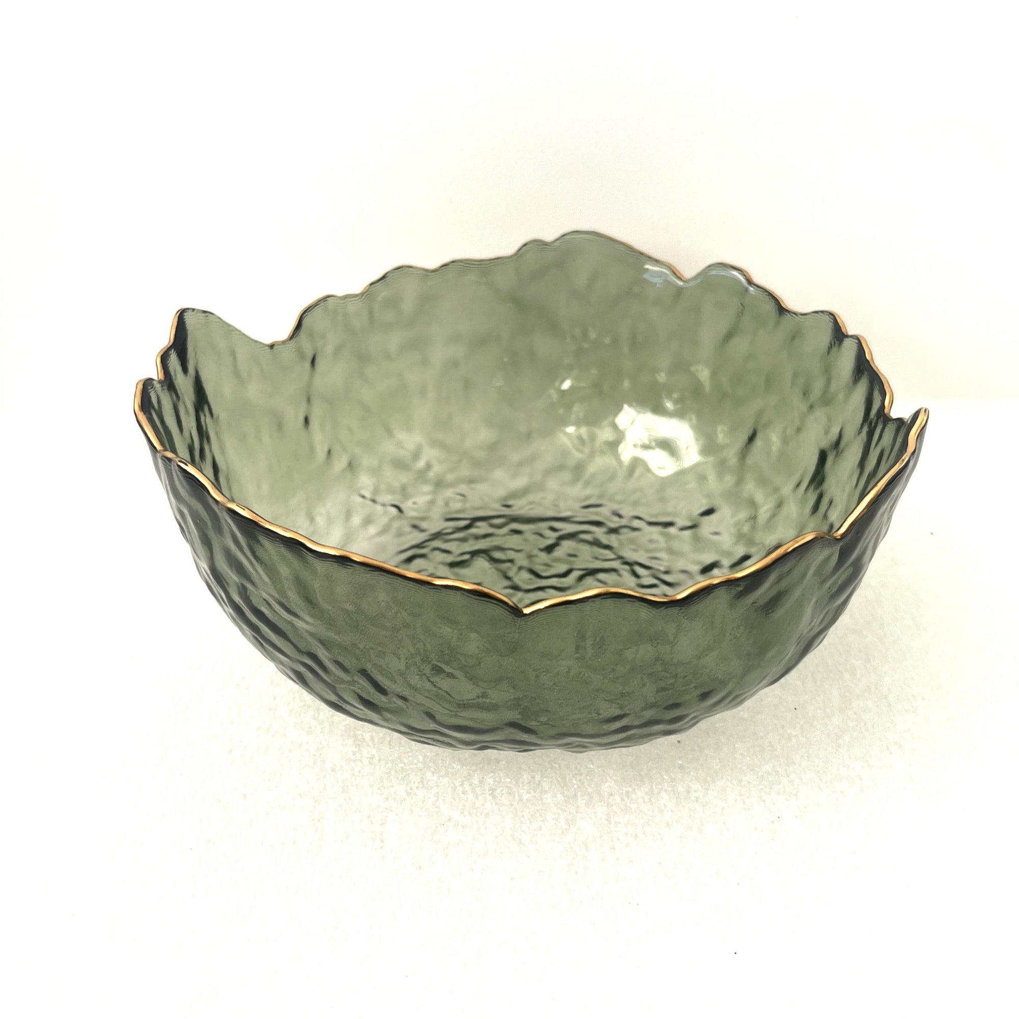 Large Green Glass Wavy Bowl With Gold Rim 20cm