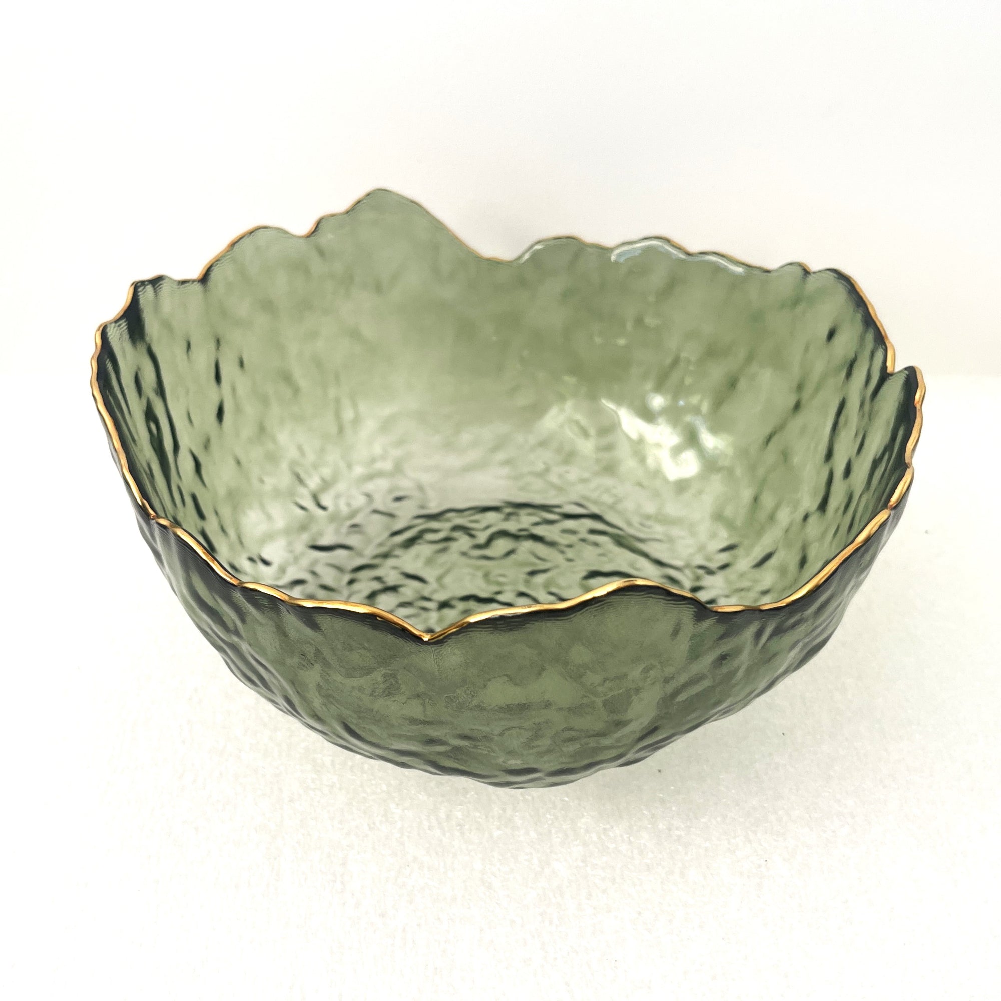 Large Green Glass Wavy Bowl With Gold Rim 20cm