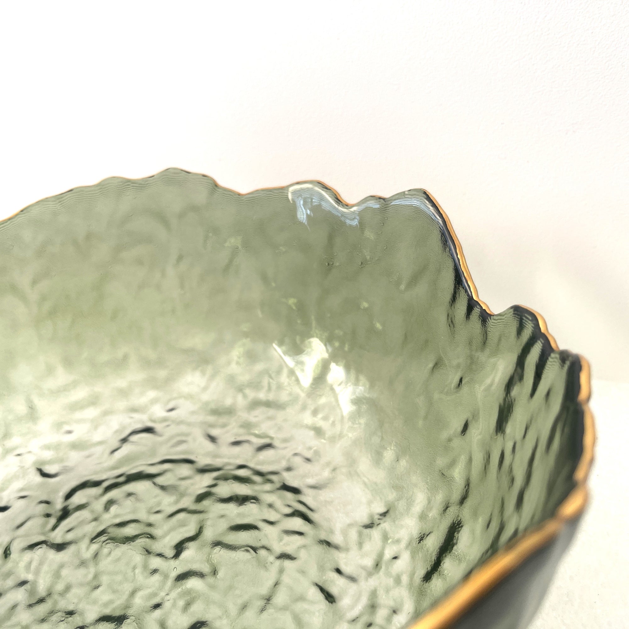 Large Green Glass Wavy Bowl With Gold Rim 20cm