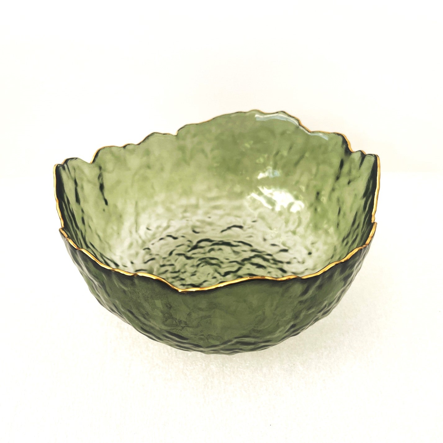 Large Green Glass Wavy Bowl With Gold Rim 20cm