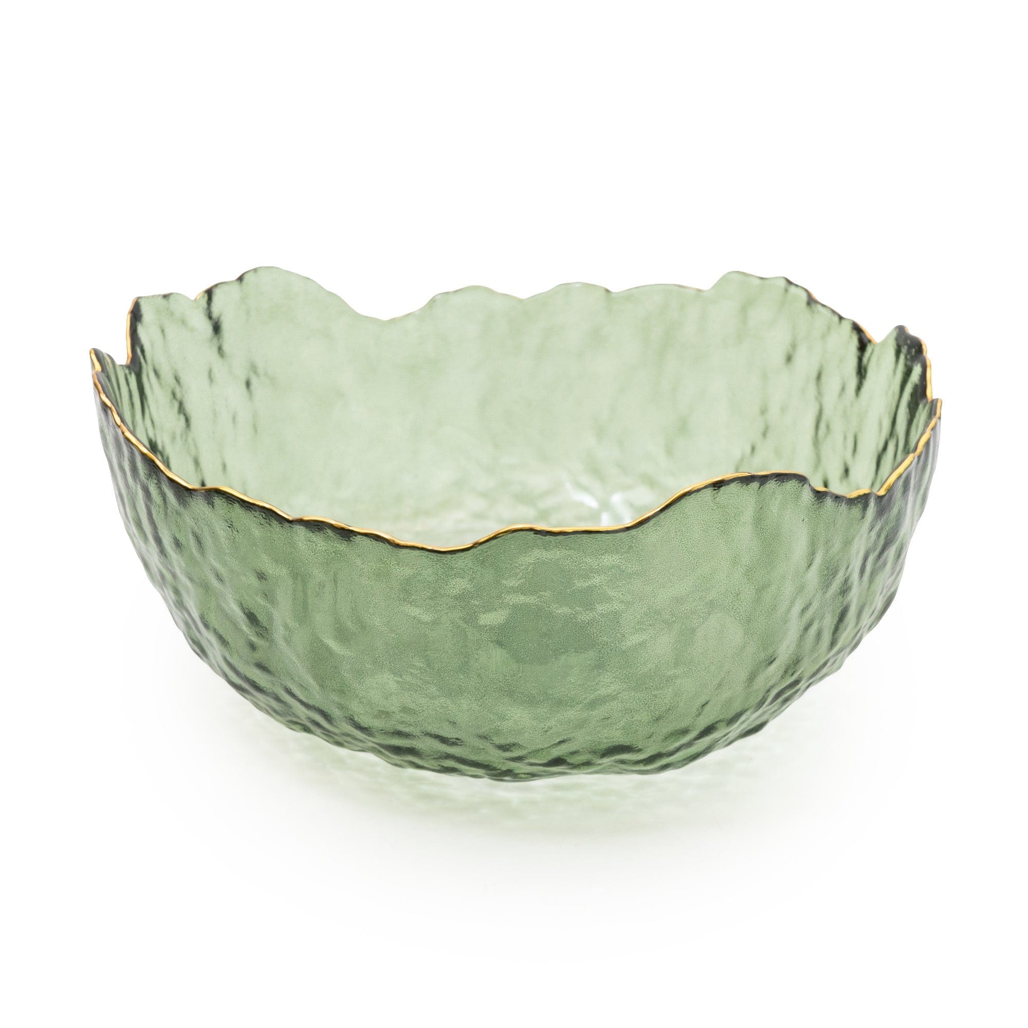 Large Green Glass Wavy Bowl With Gold Rim 20cm - Inside House 