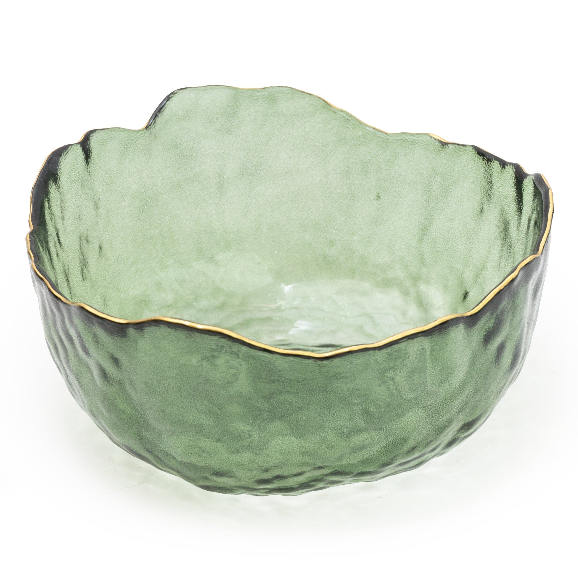 Large Green Glass Wavy Bowl With Gold Rim 20cm - Inside House 